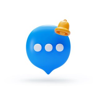 Speech bubble chat message icon with bell notification alert notice reminder symbol conversation button icon or symbol background 3D illustration